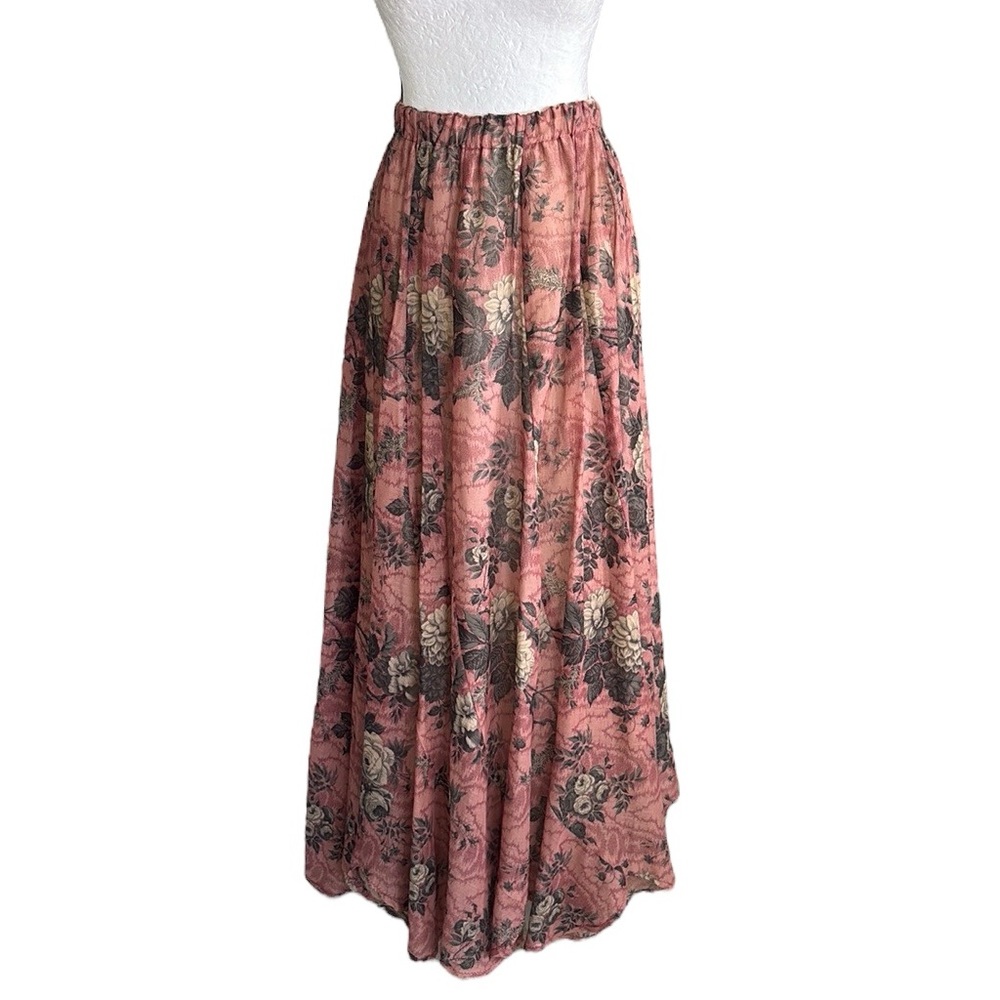 Mr. Hank Vintage 1970s Pink & Gray Floral A-Line Slip Maxi Skirt - S